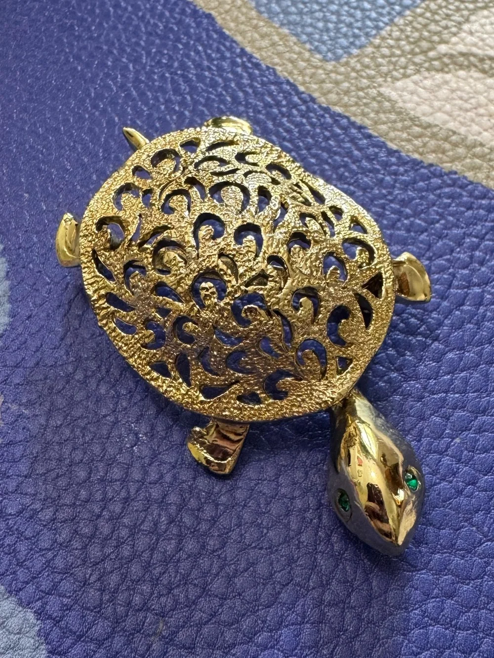 Gold-tone Turtle Decorative Reptile Brooch with Green Eyes